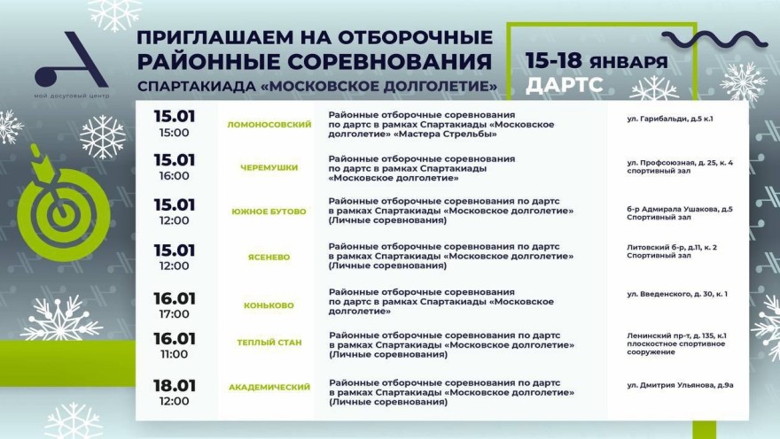 Приглашаем принять участие в районных отборочных соревнованиях по дартсу в рамках Спартакиады «Московское долголетие»!
